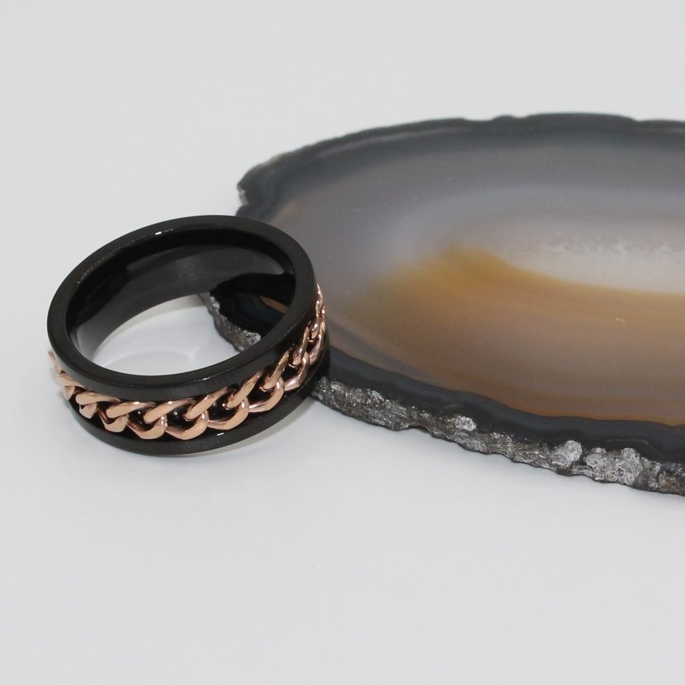 Mens black and rose tone ring band 8mm - Picture 2 of 6